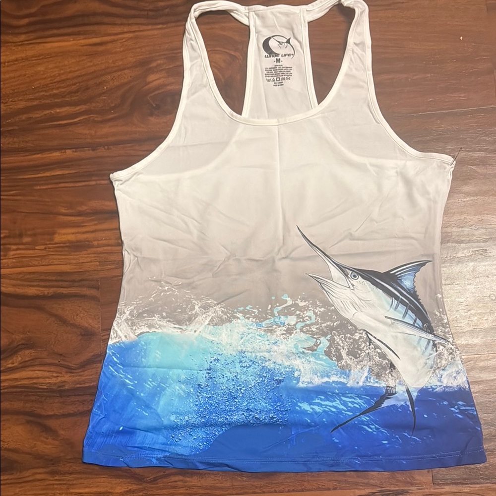 White and Blue Billfish Ocean-Inspired Tank Top